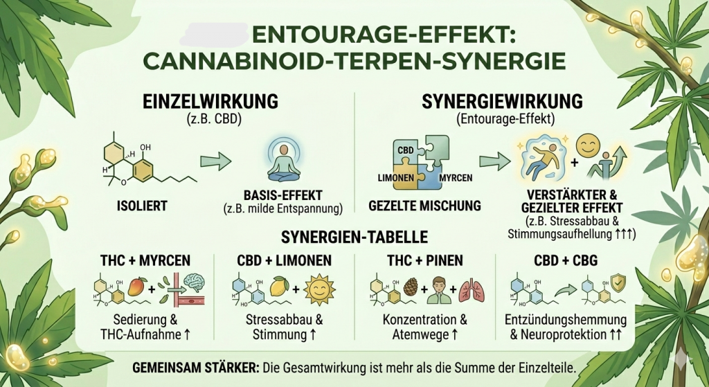Diagramm zum Entourage-Effekt: Synergie zwischen Cannabinoiden und Terpenen wie Myrcen und Limonen