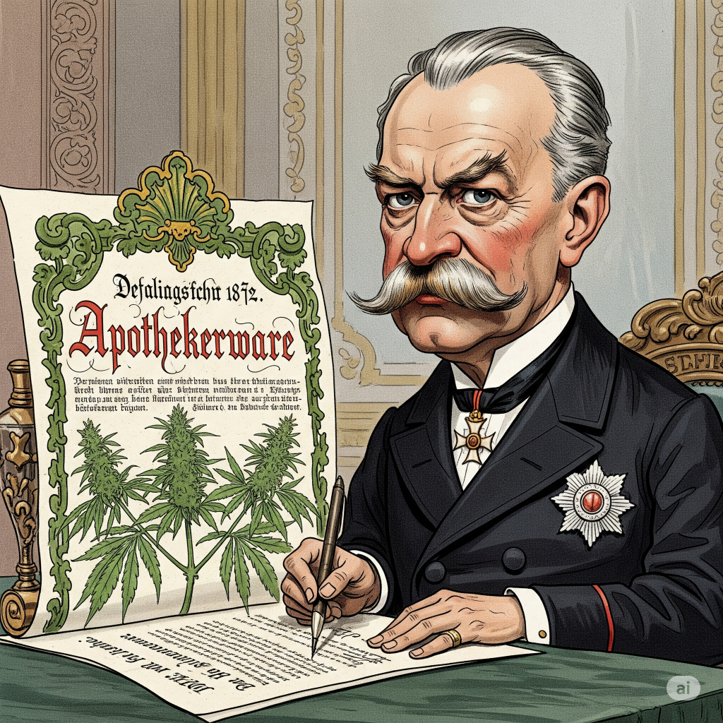 Darstellung von Kaiser Wilhelm I. wie er Cannabis als Apothekerware zulässt und einträgt