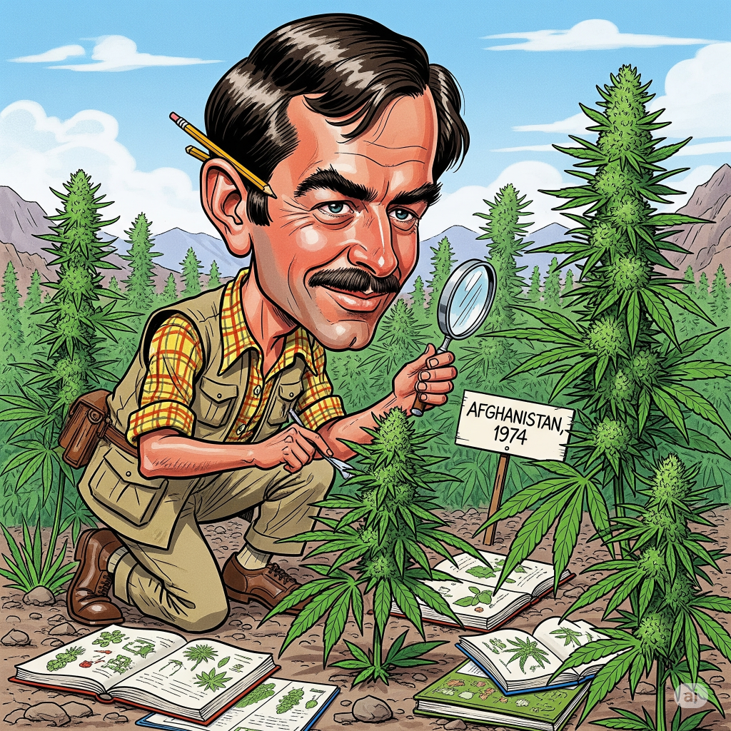 Darstellung von Richard Evans Schultes wie er 1974 Cannabis Afghanica benennt und beschreibt