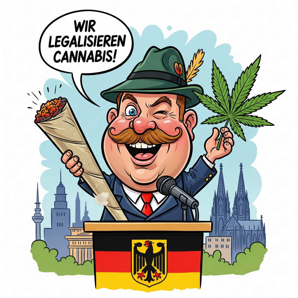 Darstellung der Ankündigung der Legalisierung von Cannabis in Deutschland: ein Bayer hält eine große Cannabis-Tüte in der Hand