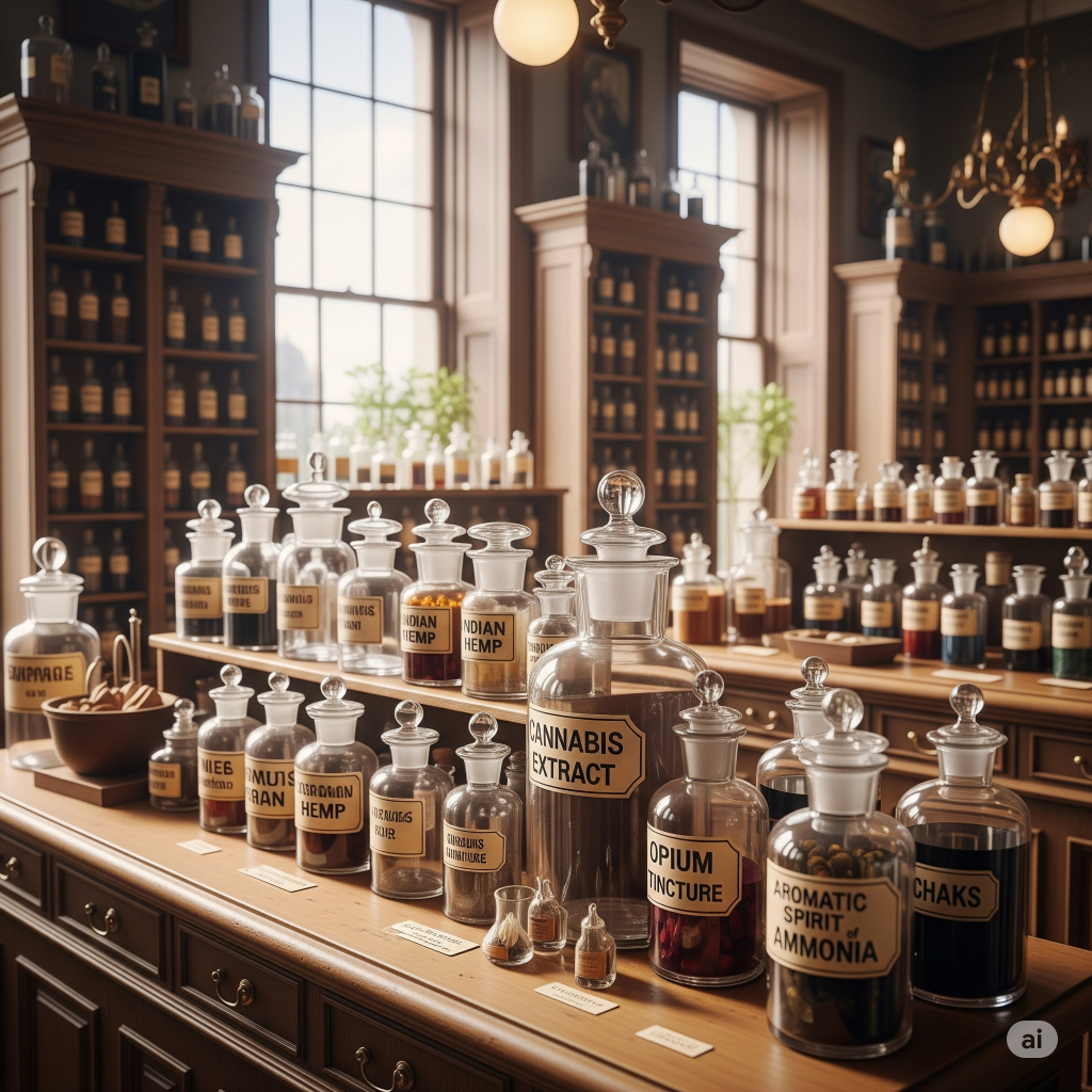 Darstellung von Apothekerware, die fast ausschließlich aus Hanf besteht