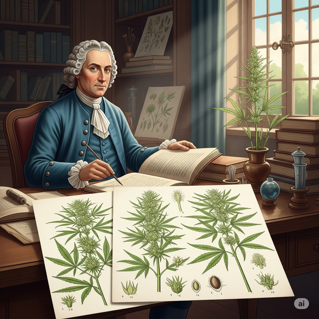Darstellung von Carl von Linné wie er über Cannabis schreibt