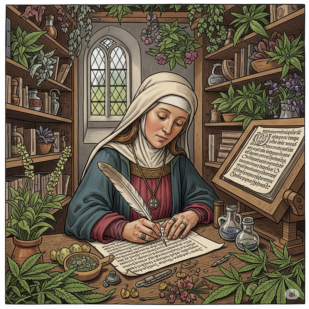 Darstellung von Hildegard von Bingen wie sie über Cannabis Notizen macht