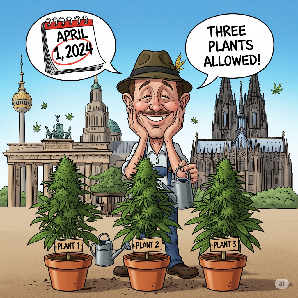 Darstellung der Legalisierung von Cannabis in Deutschland: ein Bayer mit drei Pflanzen