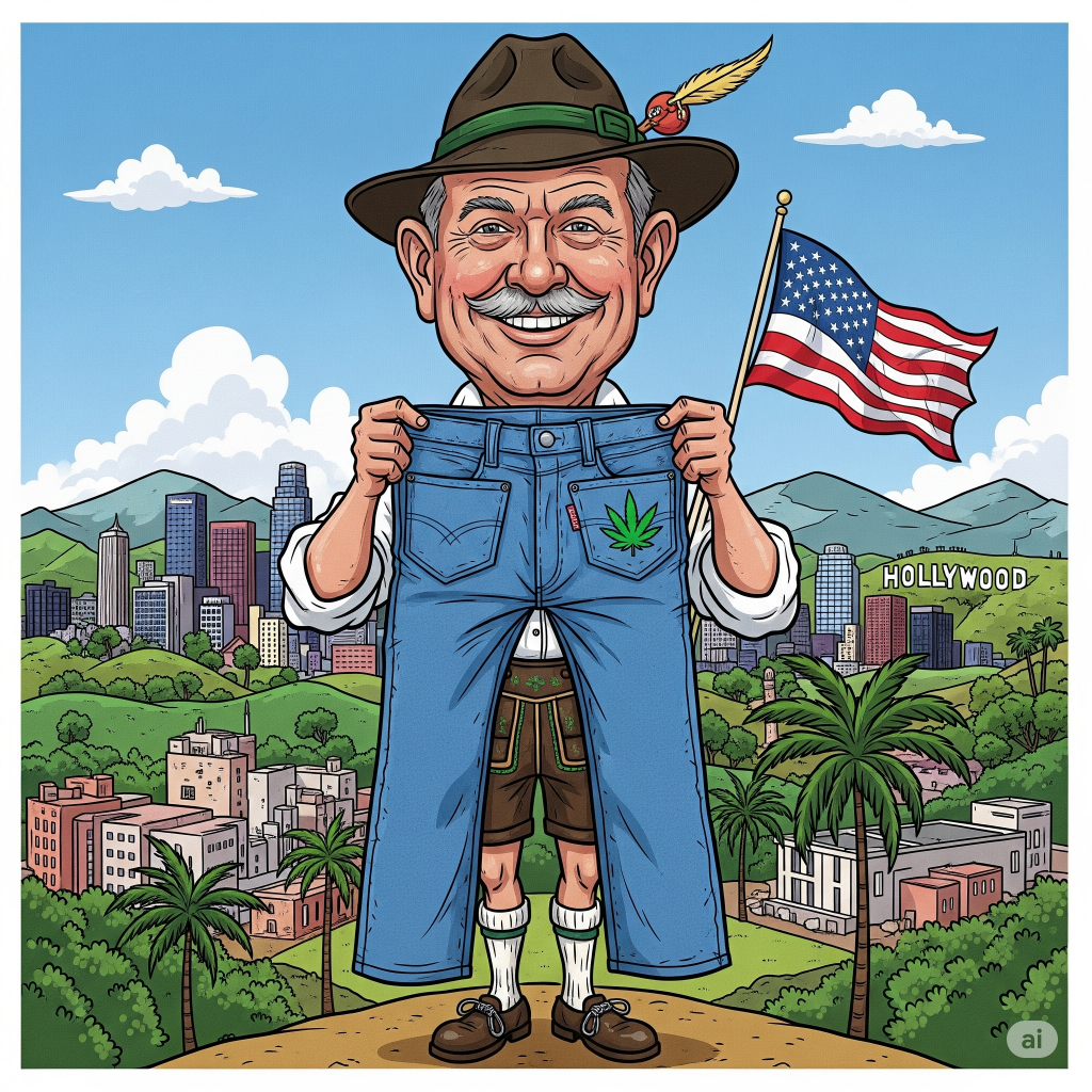 Darstellung von Levi Strauss in Amerika mit der ersten Jeans aus Hanf in der Hand