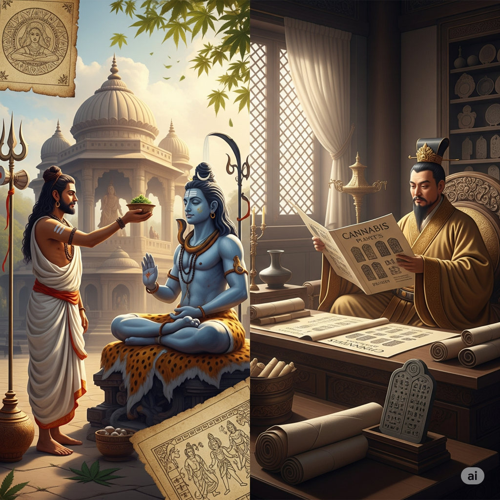 Darstellung links: Gott Shiva bekommt Opfergaben; rechts: Kaiser Shen beschäftigt sich mit Cannabis