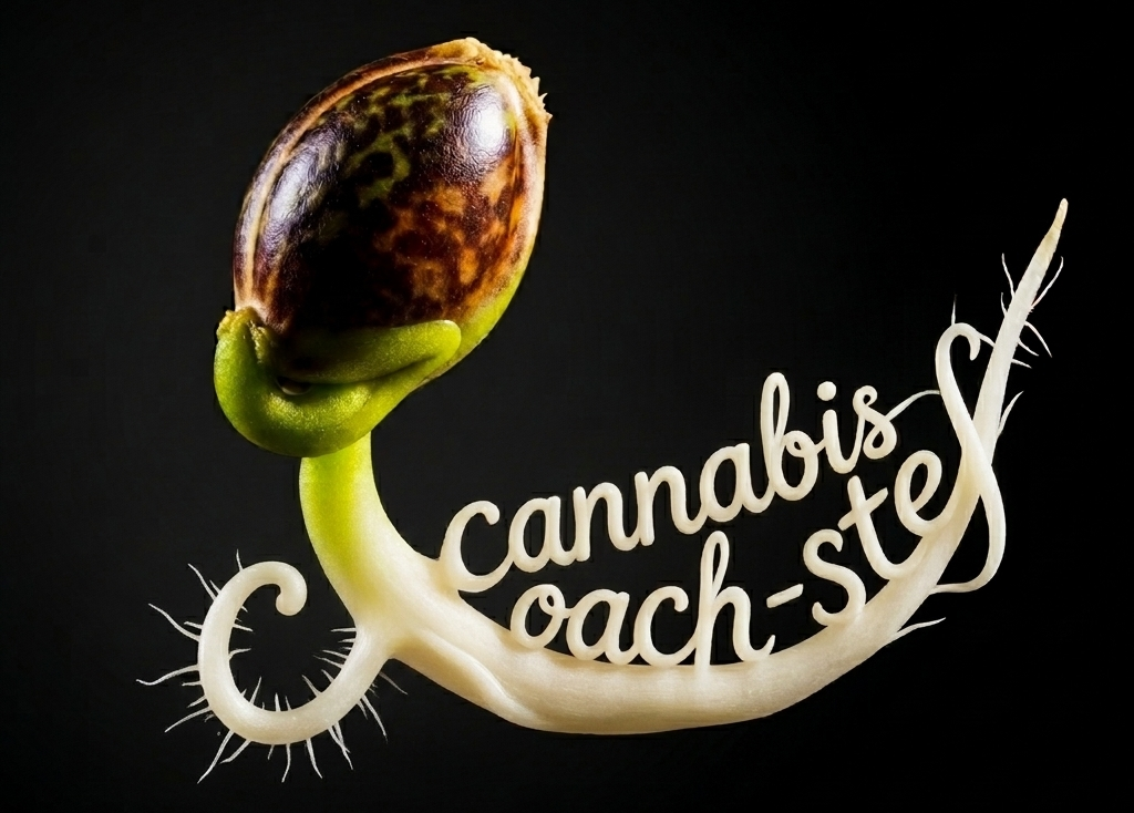 keimender CannabisCoach-Stef-Cannabissamen vor schwarzem Hintergrund