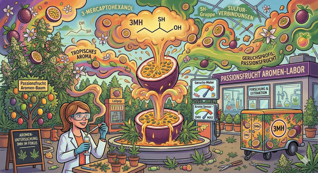 Karikatur des 3MH-Passionsfrucht-Aromas mit der Passionsfrucht als Brunnen der tropische Cannabis-Aromstoffe ausströmt