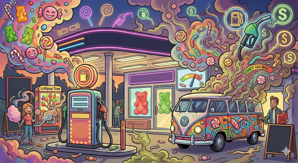 Karikatur des Candy-Gas-Aromas: eine Tankstelle, die Süßigkeiten-Aromen ausströmt