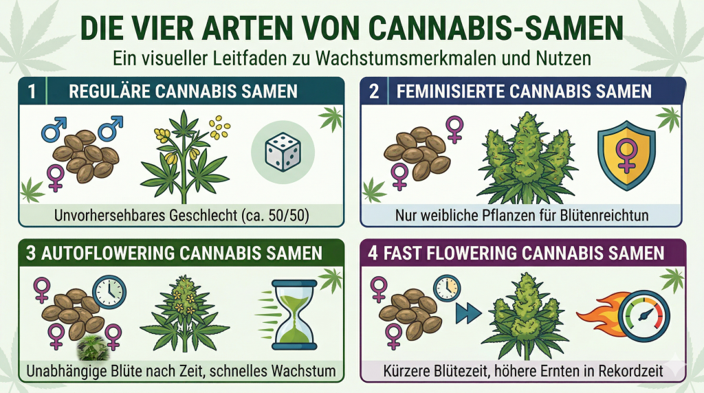Darstellung der 4 verschiedenen Cannabisarten: regulär, feminisiert, autoflowering, fast-flowering