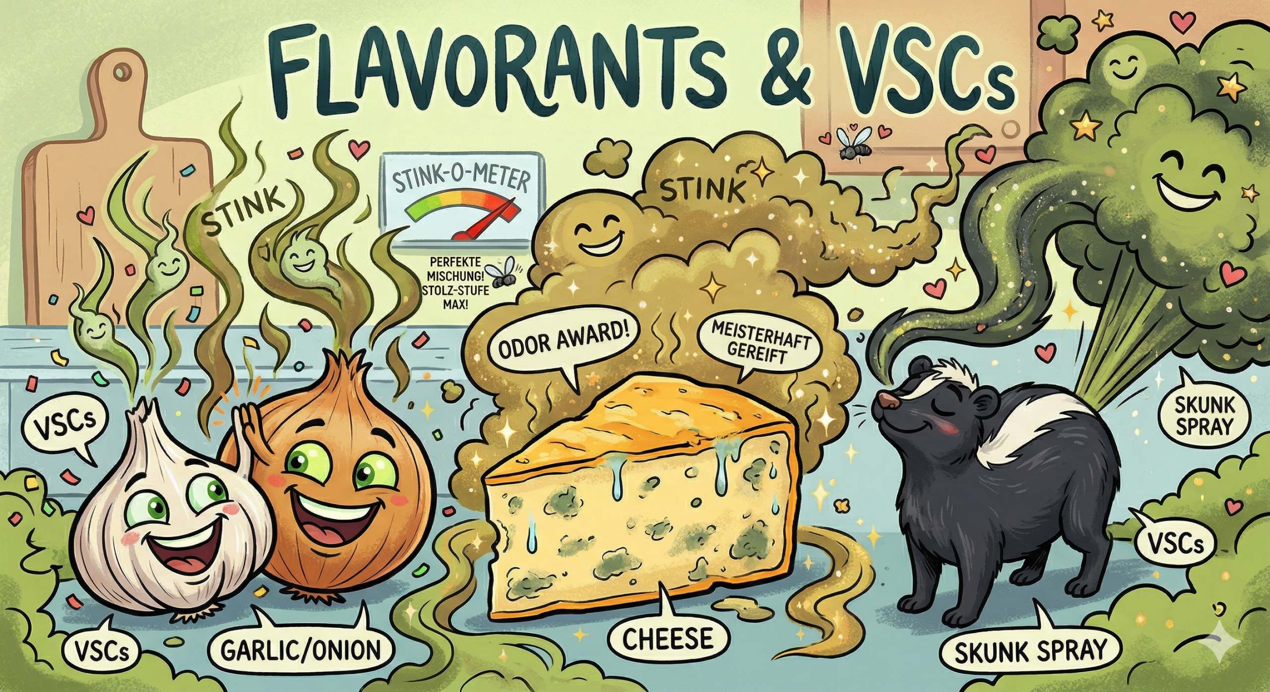 Karikatur von Knoblauch, Zwiebel, Käse und einem Stinktier - alle dampfen starke Cannabis-Aromastoffe aus