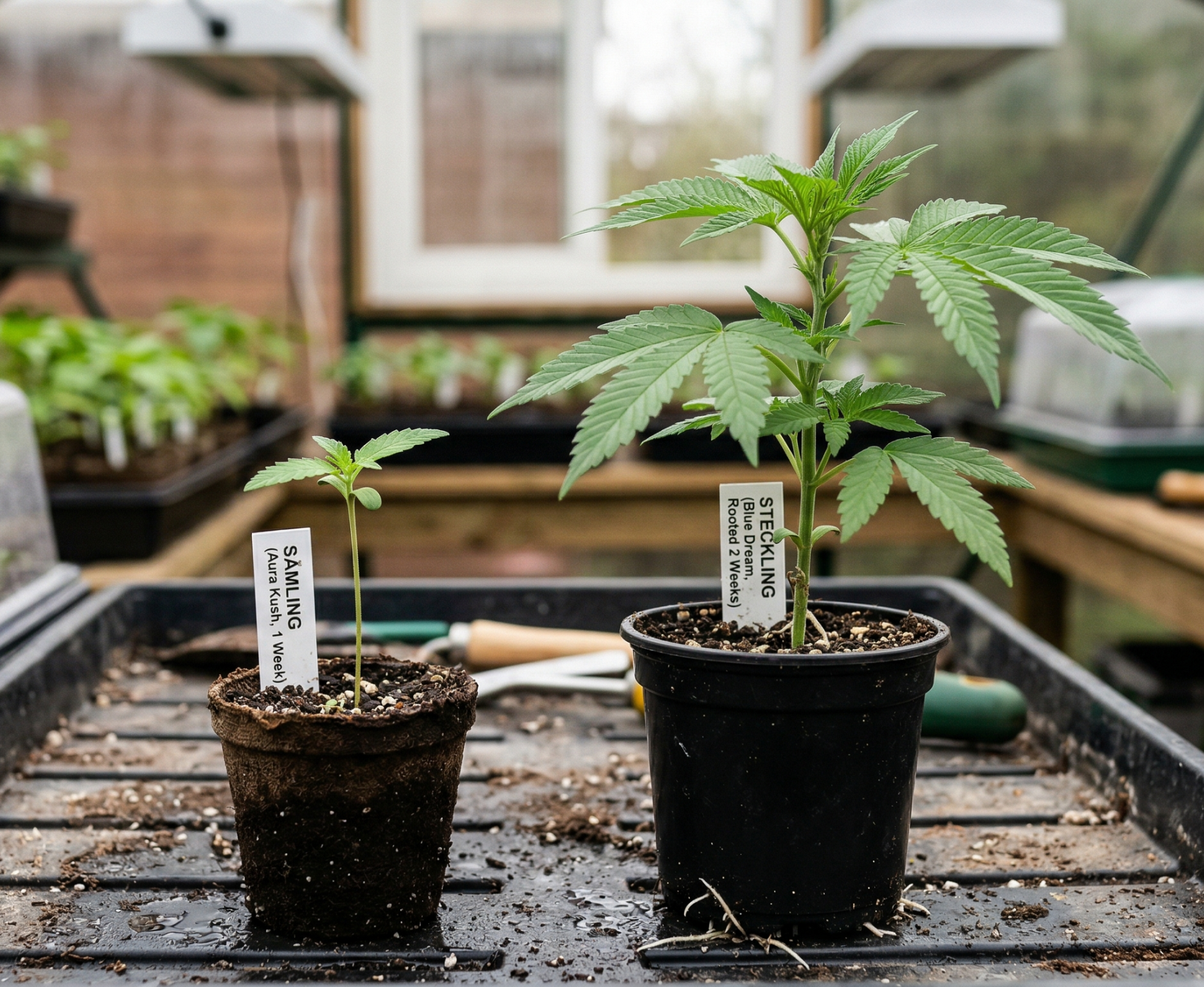 Cannabis Sämling und Steckling nebeneinander auf einem Anzuchttisch