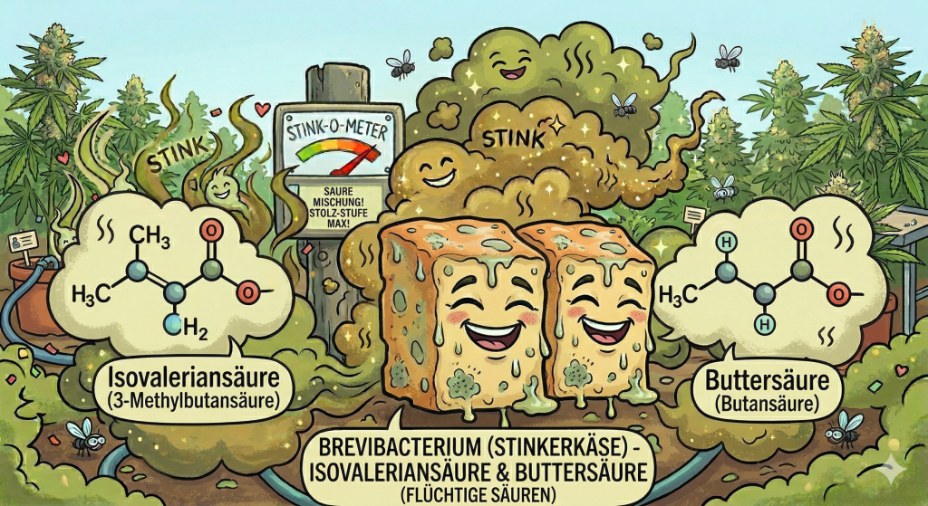 Karikatur von einem Käse in einem Cannabisgarten, der extremen Gestank ausdünstet und die Strukturformel von Isovaleriansäure und Buttersäure