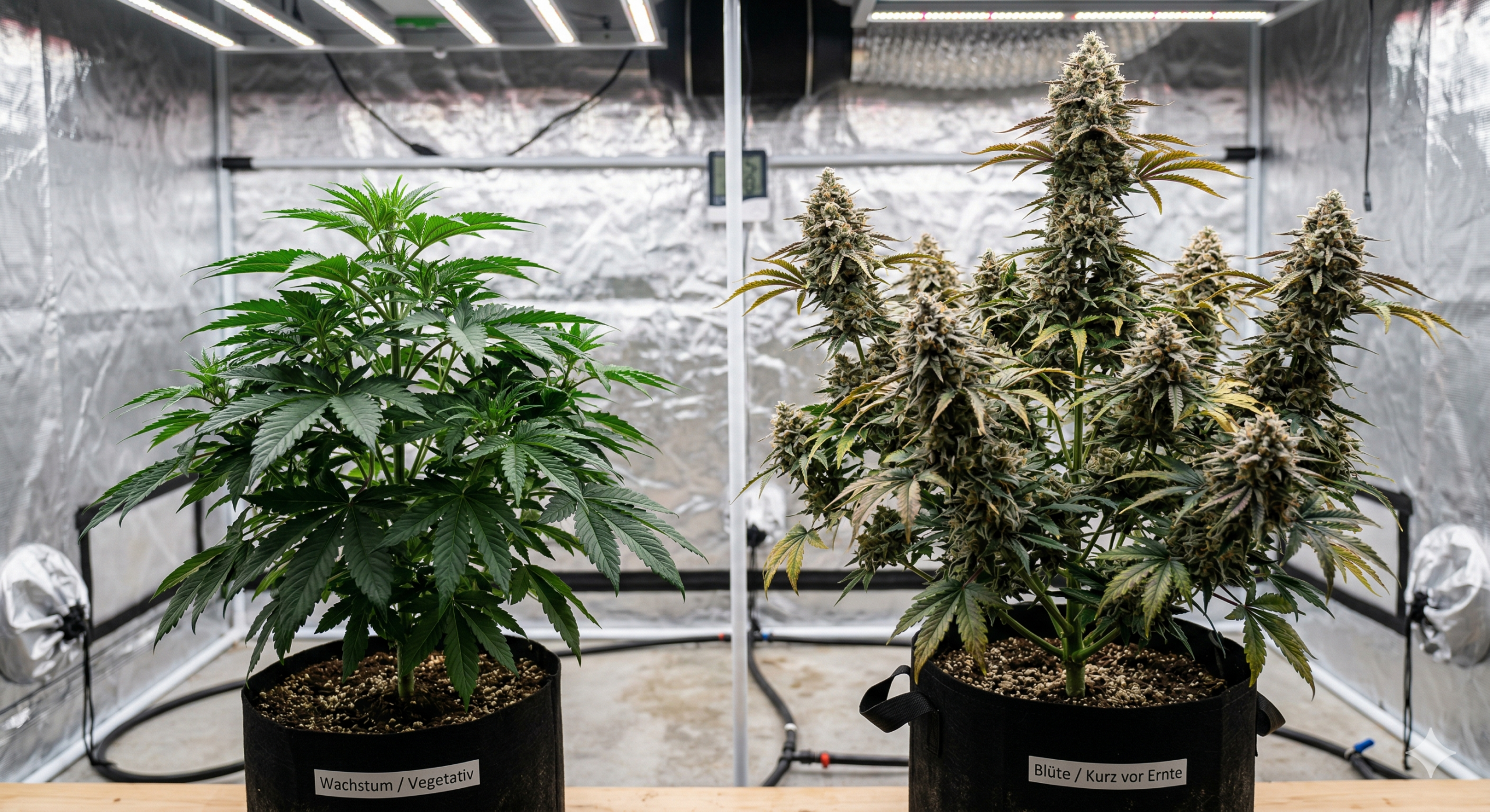 2 Cannabispflanzen in einer Growbox: eine ist kurz vor der Ernte und die andere noch im Wachstum