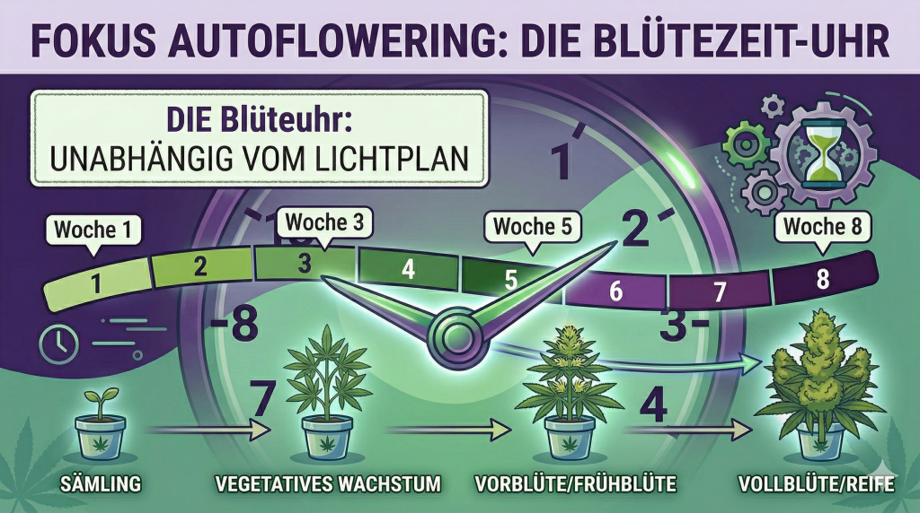 Darstellung der verschiedenen Wachstumsphasen von Autoflowering Cannabissorten auf einer Wochenskala