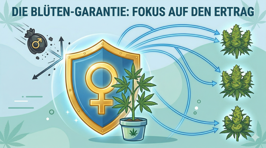 Darstellung einer feminisierten Cannabispflanze mit einem Fem-Schild dass sie vor männlichen Pollensäcken schützt