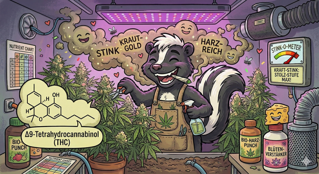Karikatur eines Stinktiers, dass grinst und kiffend an Cannabispflanzen arbeitet