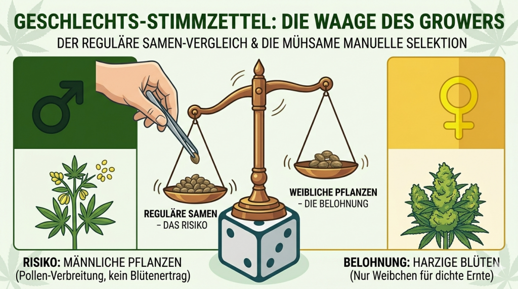Vergleichsdarstellung von regulären und weiblichen Cannabissamen mit einer Waage