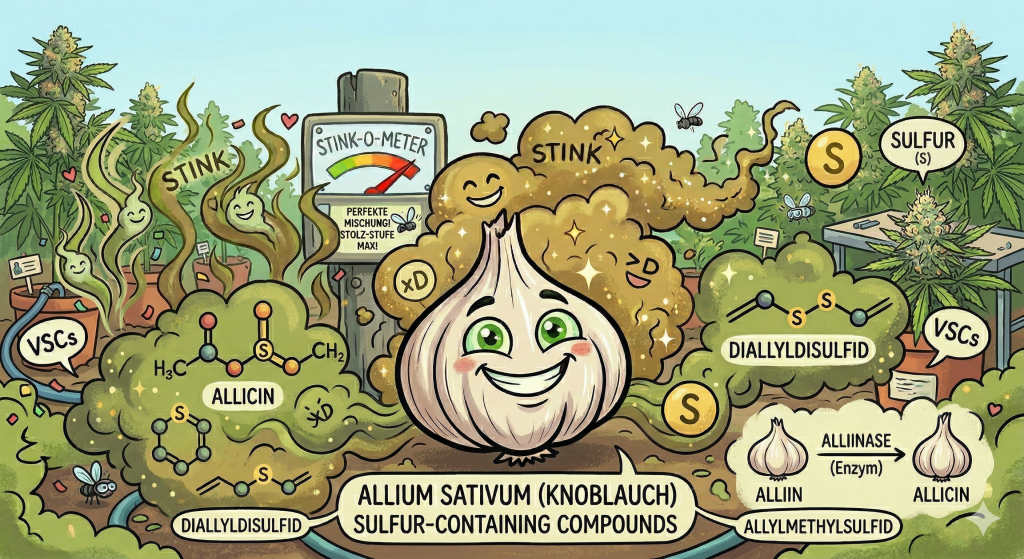 Karikatur einer Knoblauchknolle in einem Cannabisgarten, die Schwefelkomponenten ausdünstet und die Strukturformel von Allicin