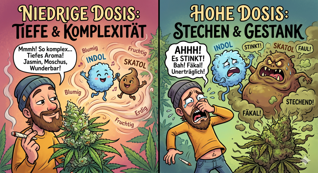 Karikatur von Indol und Skatol und ihr umfangreiches, komplexes Aroma in niedriger und hoher Dosis.