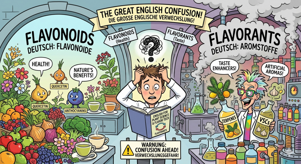 Karikatur von Flavonoiden und Aromastoffen (Flavorants) und ihre Verwechslungsgefahr im Englischen